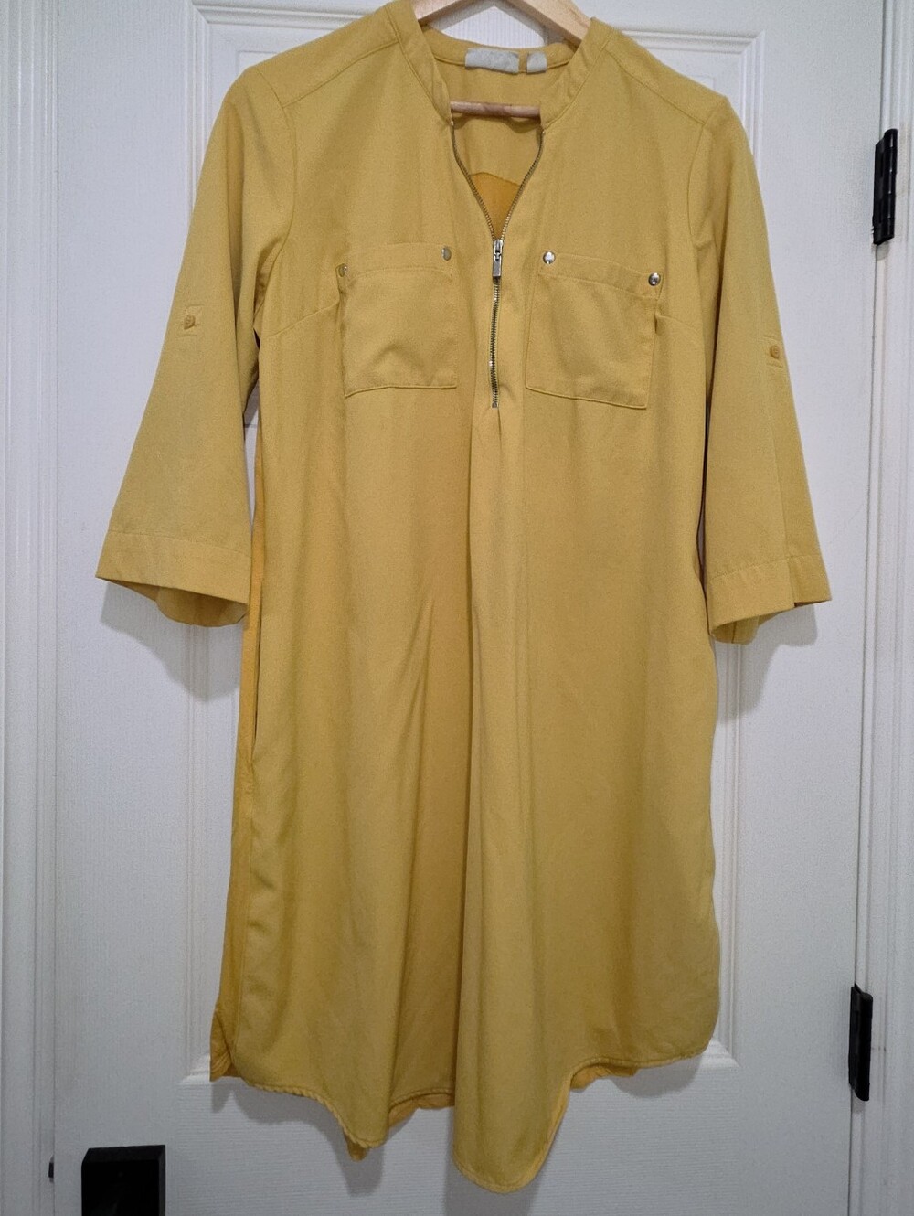 New York & Company Mustard Yellow Zip-Front Shirt Dress